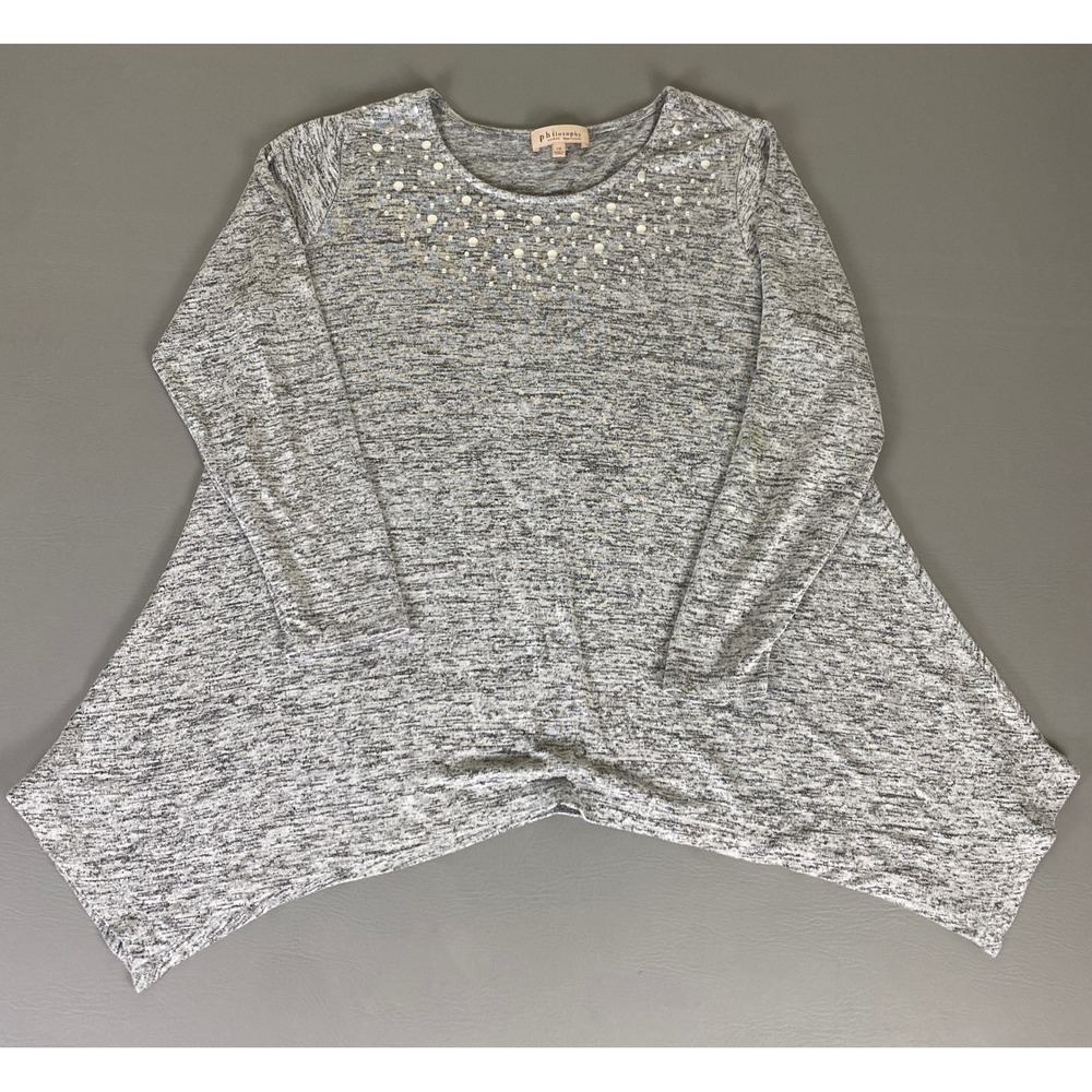 Philosophy Tunic Top Women's Plus‎ 1X Gray Marled Long Sleeve Embellished *Wear